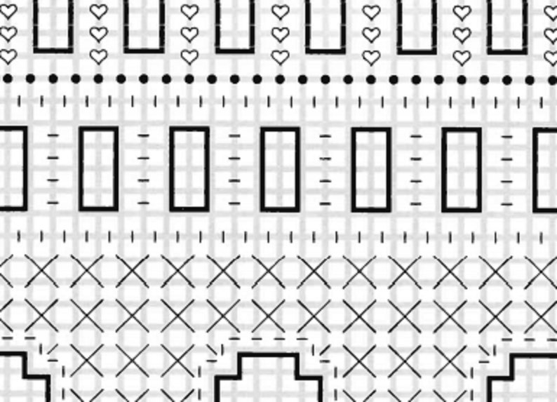 May include: Black and white geometric pattern featuring hearts, rectangles, dots, and cross-stitch designs. The repeating pattern creates a textured effect, suitable for various craft projects or digital art.