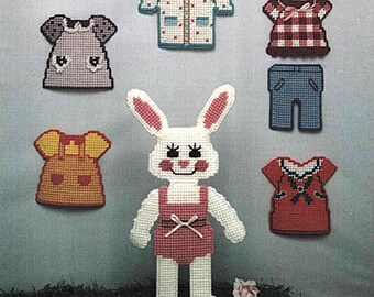 SALE! Vintage Easter Plastic Canvas Patterns PDF Instant Download. Bunny Paper Doll in Canvas, Girl Bunny Rabbit Toy for Nursery Playroom