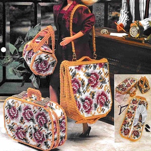 May include: A set of four crocheted bags with a floral pattern in shades of white, red, and gold. The bags are different sizes and shapes, including a large tote bag, a smaller travel bag, and two smaller pouches.