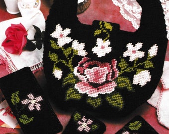 Vintage Plastic Canvas Patterns PDF Digital Instant Download, Cabbage Rose Set DIY handbag, wallet, coin purse & coupon holder