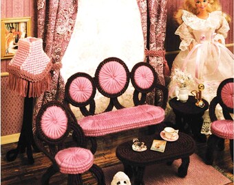 Plastic Canvas Dollhouse Furniture Pattern PDF Fashion Doll House Victorian Parlor Sofa Chair Lamp Vintage Craft Instant Download 7-count
