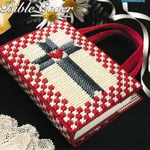 Plastic Canvas Book Cover Pattern Book PDF Country Cross & Heart Bible Cover with Handles Vintage Crafts Leaflet Instant Digital Download