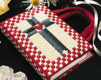Plastic Canvas Book Cover Pattern Book PDF Country Cross & Heart Bible Cover with Handles Vintage Crafts Leaflet Instant Digital Download