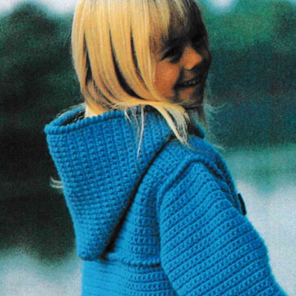 SALE! Kids Crochet Jacket Pattern PDF Girls Hooded Coat with pockets hood Vintage Fashion Instant Download SIZE Childs 7 - 10 - 12 - 14