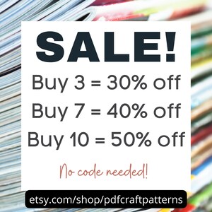 May include: White background with the word "SALE!" in large, dark letters. Text below states "Buy 3 = 30% off", "Buy 7 = 40% off", and "Buy 10 = 50% off". The text "No code needed!" is also present, along with a website address.