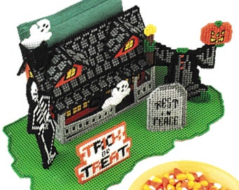 Vintage Halloween Plastic Canvas Patterns PDF, Haunted House Napkin Holder, Digital Download, DIY Plastic Canvas Ghost Table Decor