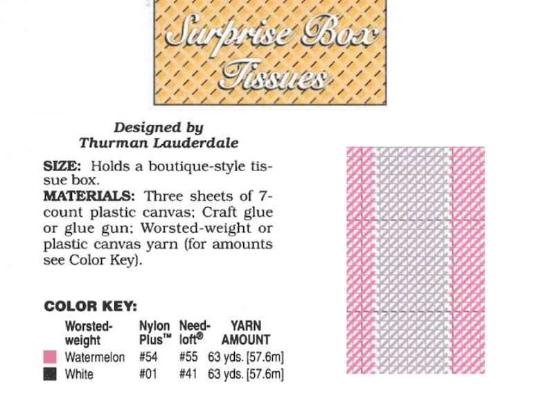 May include: A craft pattern for a tissue box, featuring the text "Surprise Box Tissues." The design by Thurman Lauderdale includes materials like plastic canvas and yarn. The color key lists watermelon and white yarn.