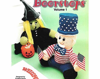 SALE! Crochet Pattern PDF Instant Download, Holiday Doorstops, Crocheted Witch, Uncle Sam, Scarecrow, Santa Claus, and Snowman.