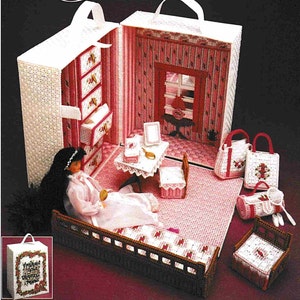 Plastic Canvas Dollhouse Furniture Pattern PDF Fashion Doll House Travel Trunk Room Vintage Craft Book Instant Download 7-count