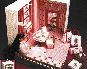 Plastic Canvas Barbie Furniture Pattern PDF Fashion Doll House Travel Trunk Room Vintage Craft Book Instant Download 7-count