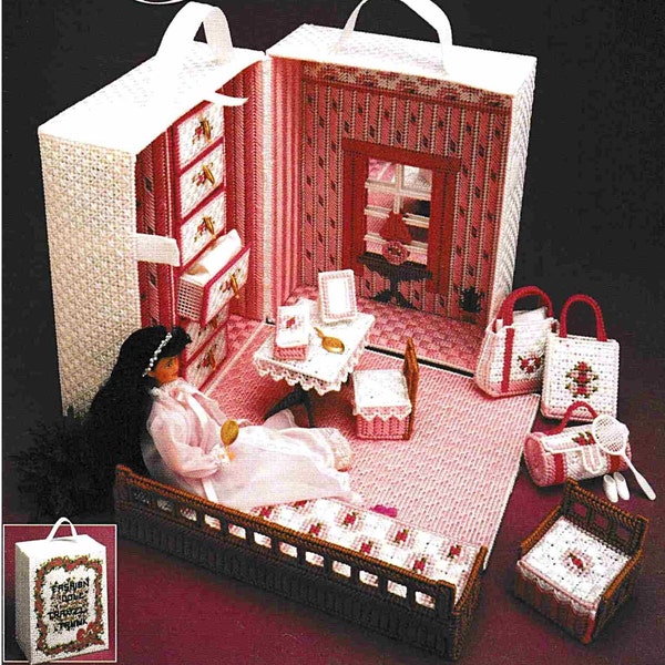 Plastic Canvas Barbie Furniture Pattern PDF Fashion Doll House Travel Trunk Room Vintage Craft Book Instant Download 7-count