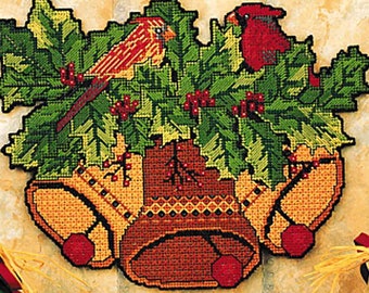 Christmas Plastic Canvas Patterns PDF, Festive Wall Hanging, Cardinal Bird, Holly, Bells, Vintage Digital Download *10-mesh*