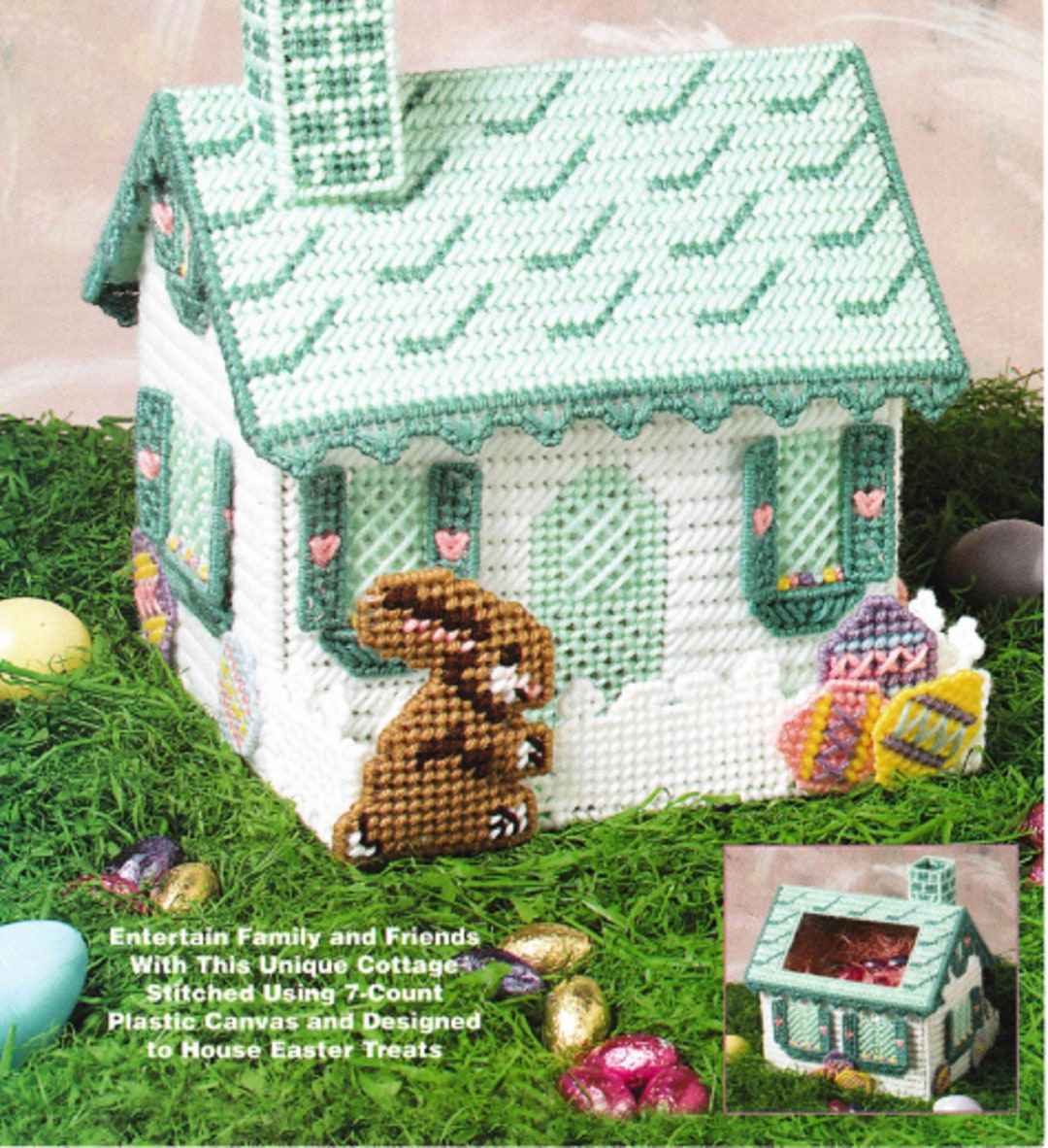 Easter Plastic Canvas Cottage Pattern PDF Village Candy Dish With Bunny
