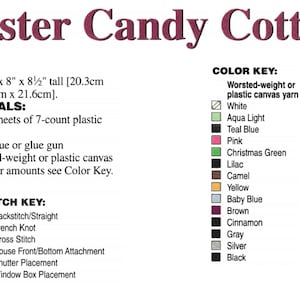 May include: A craft project pattern for an Easter Candy Cottage. The pattern includes instructions for making a cottage out of plastic canvas and yarn. The pattern includes a color key with yarn amounts for each color. The pattern also includes a stitch key with instructions for different stitches.