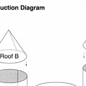 May include: A construction diagram with the text "Construction Diagram" at the top. The diagram shows the assembly of a structure with a conical roof labeled "Roof B" and a cylindrical base. Arrows indicate the assembly process.