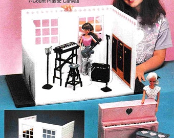 SALE! Plastic Canvas Barbie Furniture Pattern PDF, Fashion Doll Carry & Play Music Room Vintage Craft Book Instant Download 7-count