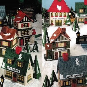 Christmas Plastic Canvas Village Pattern PDF Victorian Holiday Model Town Shop Buildings Vintage Craft Book Instant Download 10-Count Mesh