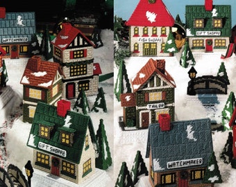 Christmas Plastic Canvas Village Pattern PDF Victorian Holiday Model Town Shop Buildings Vintage Craft Book Instant Download 10-Count Mesh