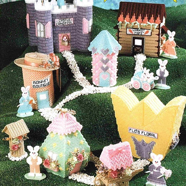 SALE! Easter Plastic Canvas Patterns PDF Download. Bunny Village, Easter Bunny Castle, Cart, Tulip Floral Shop, Carrot Cafe, Cottage