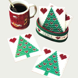 Christmas Coasters Plastic Canvas Patterns PDF, Christmas Crafts Download, Plastic Canvas Coaster Set Pattern Christmas Tree