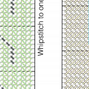 May include: A cross-stitch pattern with a diagonal design. The pattern is made up of black and green stitches on a white background. The text "Whip stitch to one" is written on the right side of the image.