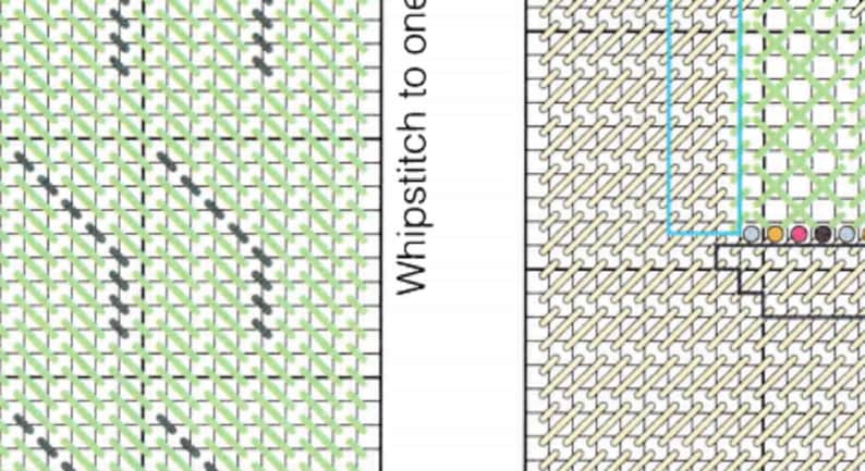 May include: A cross-stitch pattern with a diagonal design. The pattern is made up of black and green stitches on a white background. The text "Whip stitch to one" is written on the right side of the image.