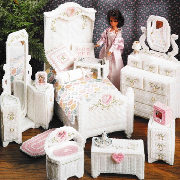 Barbie Furniture Plastic Canvas Pattern PDF Download, Fashion Doll House Bed Dresser Mirror Hope Chest Accessories Patterns.
