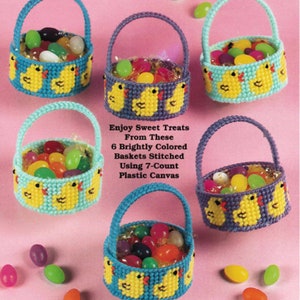 Easter Plastic Canvas Treat Basket Pattern PDF Round Small Favor Baskets Needlepoint Baby Chick Craft Instant Download 7-Count