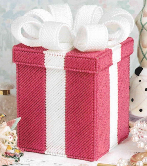 Gift Box Tissues Plastic Canvas Patterns PDF, Holiday Craft Pattern PDF Download, Fast + Easy Plastic Canvas Tissue Box Cover