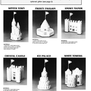 May include: A black and white image showcasing instructions for crafting various white plastic canvas ice castles. The text includes a list of materials, such as white 7-mesh plastic canvas, plastic canvas circles, and white worsted weight yarn. The image displays several castle designs.