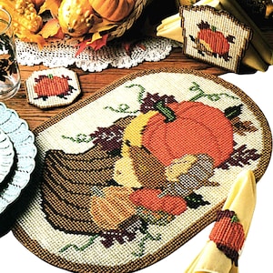 SALE! Plastic Canvas Patterns PDF Instant Download. Fall + Autumn Crafts PDF Patterns. Thanksgiving Cornucopia Placemat, Coasters Set