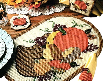 SALE! Plastic Canvas Patterns PDF Instant Download. Fall + Autumn Crafts PDF Patterns. Thanksgiving Cornucopia Placemat, Coasters Set