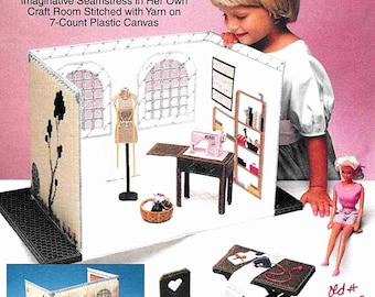Plastic Canvas Dollhouse Furniture Pattern PDF Fashion Doll Carry & Play Craft Room Vintage Craft Book Instant Download 7-count