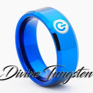May include: A blue tungsten carbide ring with a beveled edge and a white power button symbol.
