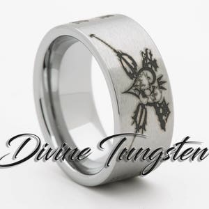 Mens Tungsten Carbide Wedding Band 10mm Pipe Satin Finish Ring Kingdom Hearts Design with Free Inside Engraving