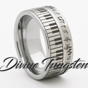 Piano Keys & Music Tungsten Carbide Wedding Band 10mm Pipe Polished Ring with Free Inside Engraving