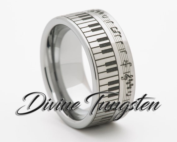 8mm White Tungsten Carbide Piano Keyboard Ring – Brushed Finish, Polished Edges, Size 10, Comfort Fit