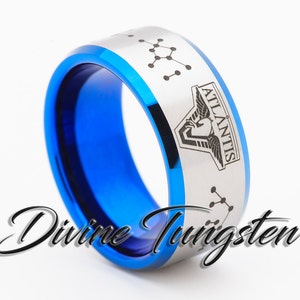 Mens Tungsten Wedding Band 10mm Black Beveled Brushed Finished Stargate Atlantis Gate Address Design Ring with Free Inside Engraving