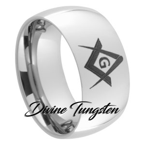 Masonic Square and Compass Tungsten Carbide Wedding Band 10mm Dome Polished Ring with Free Inside Engraving