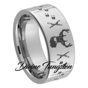 Hunting Buck Crossed Rifles and Tracks Tungsten Carbide Wedding Band 10mm Pipe Polished Ring with Free Inside Engraving