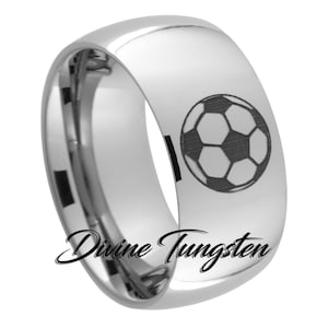 Soccer Ball Tungsten Carbide Wedding Band 10mm Dome Polished Ring with Free Inside Engraving