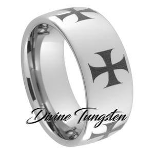 Templar Crosses Tungsten Carbide Wedding Band 10mm Dome Polished Ring with Free Inside Engraving