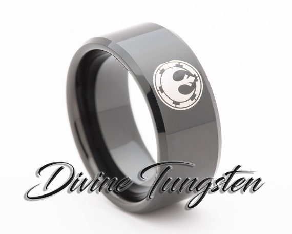 Mens Tungsten Carbide Wedding Band 10mm Black Beveled Polished Star Wars  Rebel Alliance Galactic Empire Cog Ring with Free Inside Engraving