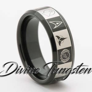 Tungsten Wedding Band 8mm Black Beveled Polished Star Trek Starfleet Federation and Alien Symbols Design Ring with Free Inside Engraving