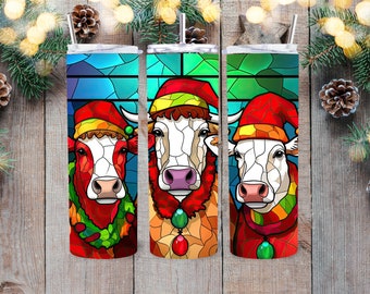 Cow Stained Glass Tumbler, colors really pop, 20oz Skinny Straight & Tapered, Cow, farmhouse, farm, cowboy, western, 3 cows