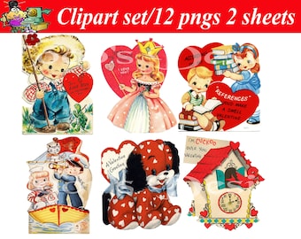 Vintage Valentines PNG Clipart, Vintage Clip Art Retro Images, Digital Download, Vintage Graphic for Cards, 2 Collage sheets ready for print