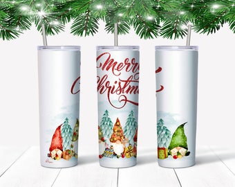 Christmas Gnomes, Merry Christmas, Holiday Watercolor Gnomes, 20oz Skinny Tumbler Sublimation Designs Digital Download