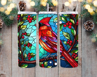 Christmas Cardinal Stained Glass Tumbler, colors really pop, 20oz Skinny Straight & Tapered, Christmas gift, Stained Glass Tumbler, her, him