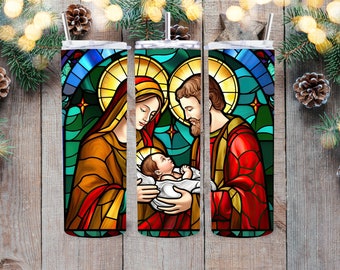 Nativity Stained Glass Tumbler, colors really pop, 20oz Skinny Straight & Tapered, Baby Jesus, Birth of Jesus, Christian, Faith, Christmas