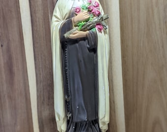 Vintage Ceramic Hand Painted  St. Teresa Religious Statue holding a crucifix and roses by C.S 129